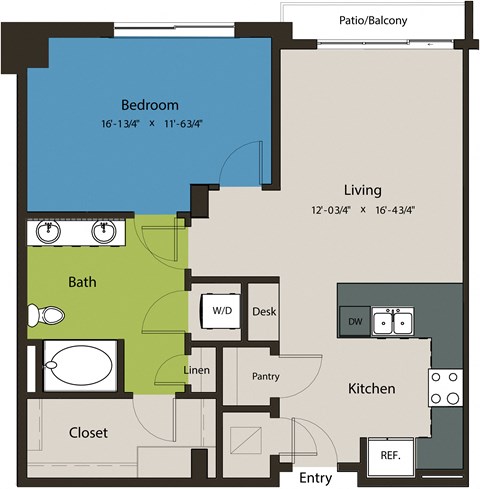 Floor plan for 1 bed, 1 bath, 873 sqft
